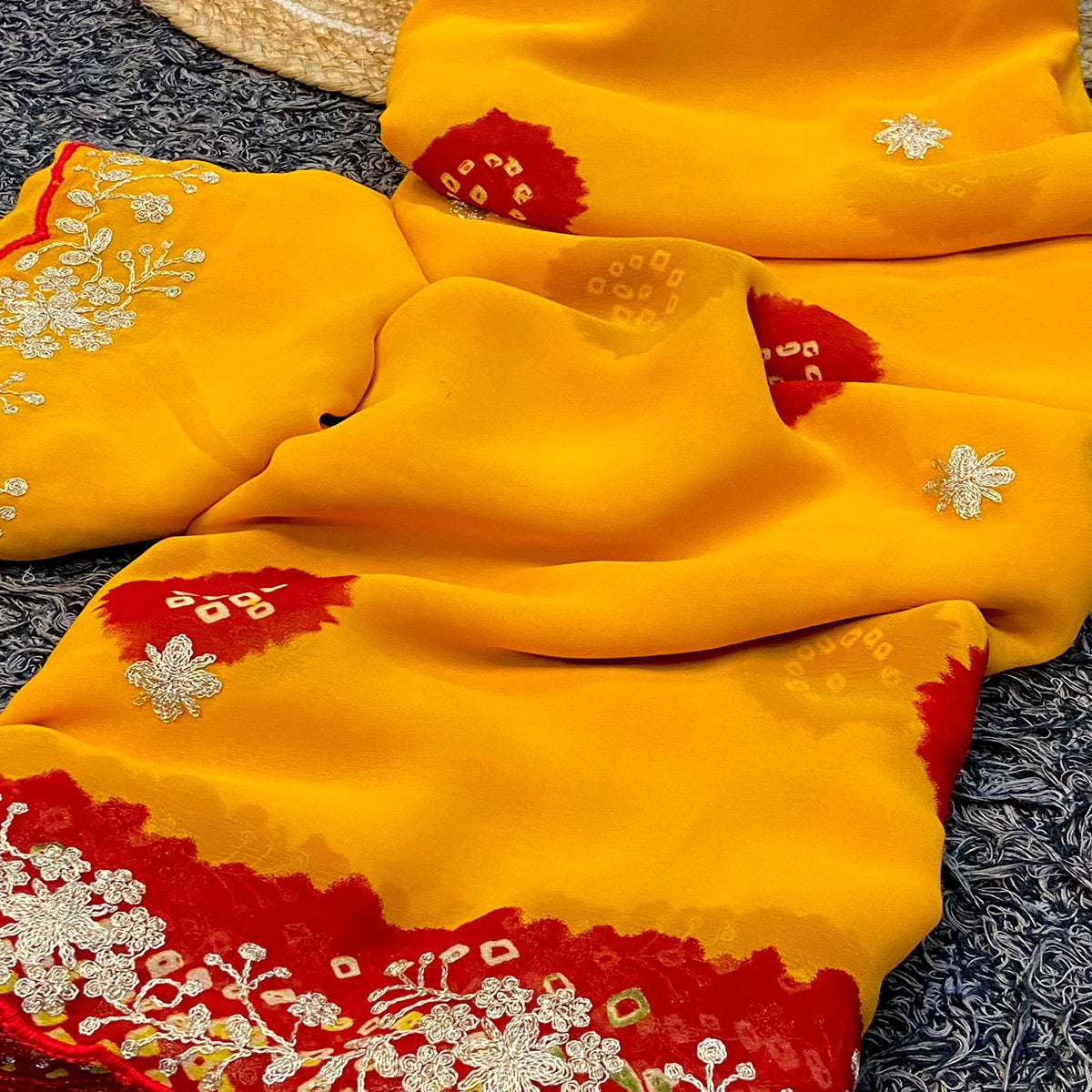 Yellow Bandhani Printed Georgette Saree With Embroidered Border