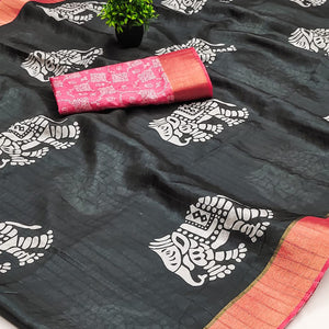 Black Cotton Silk Saree Woven on Handloom with Elegant Abstract Patterns