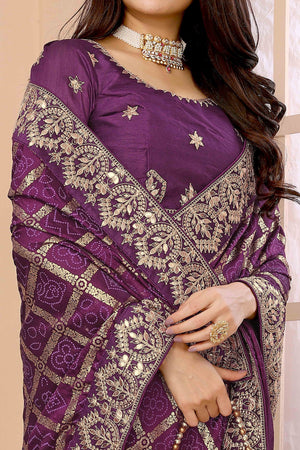 Wine Bandhani Printed Vichitra Silk Saree With Embroidered Border