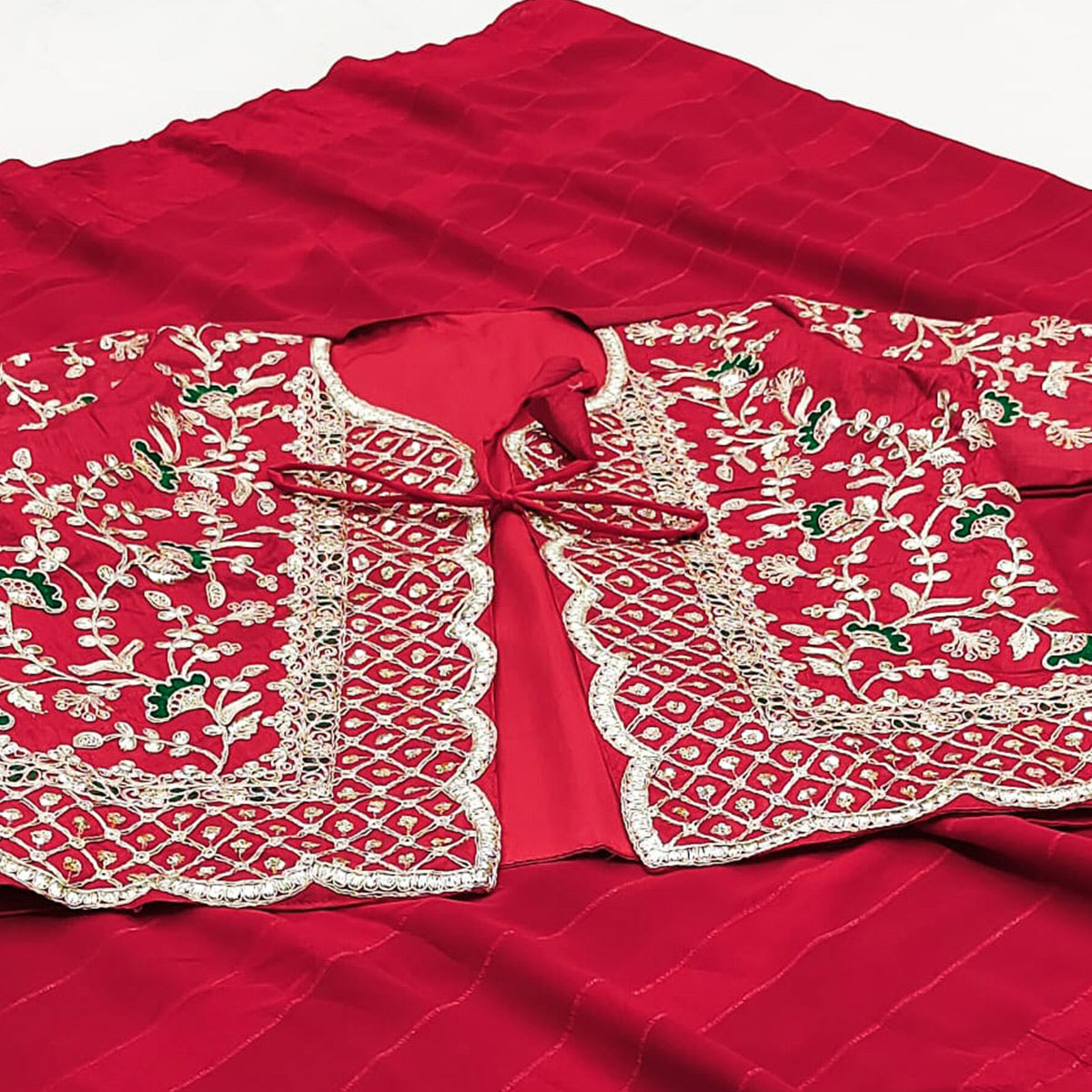 Red Woven Georgette Saree With Embroidered Jacket