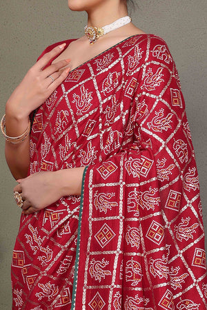 Maroon Vichitra Silk Saree Featuring Bandhani Patterns and Graceful Embroidered Borders