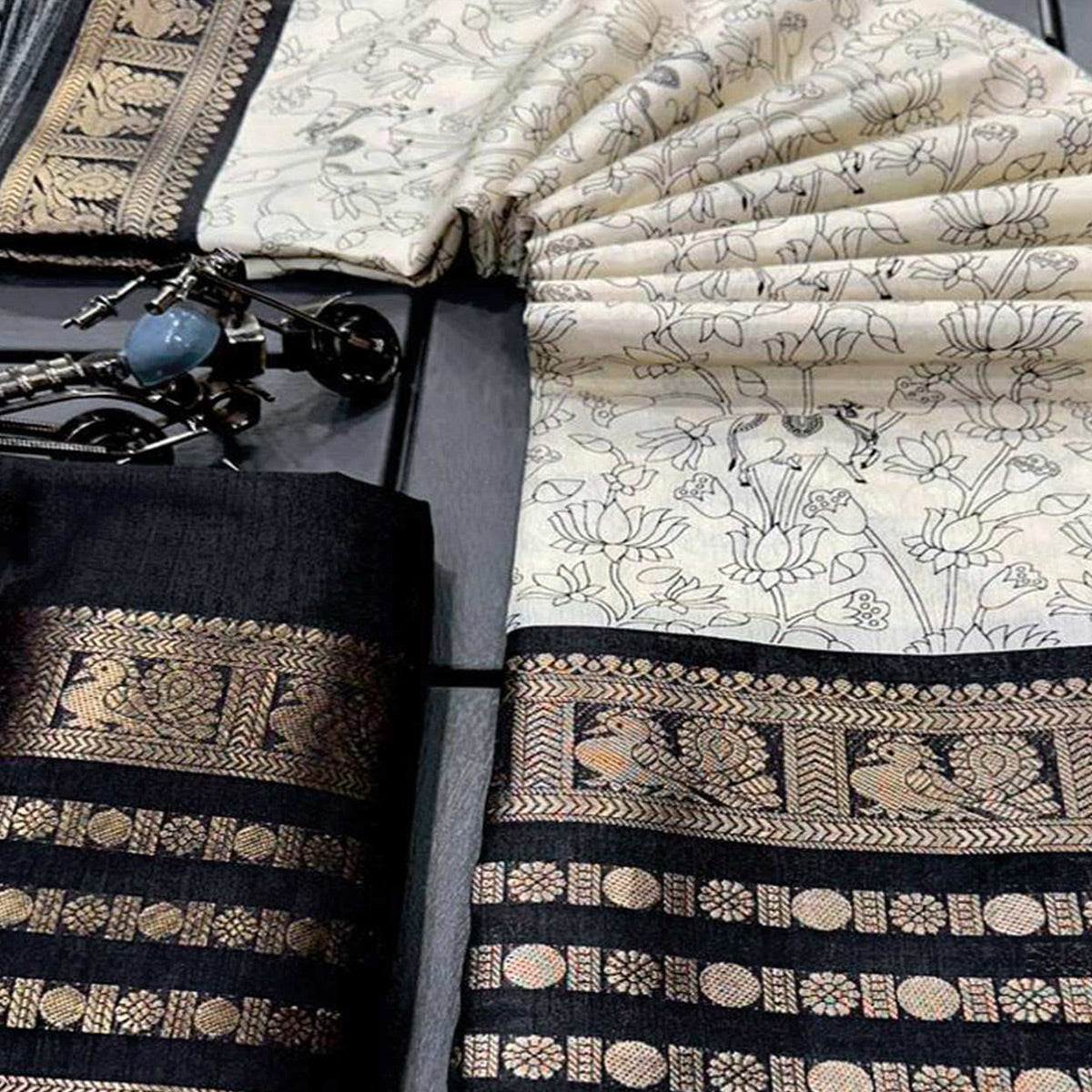 Off White Floral Printed Dola Silk Saree With Zari Border