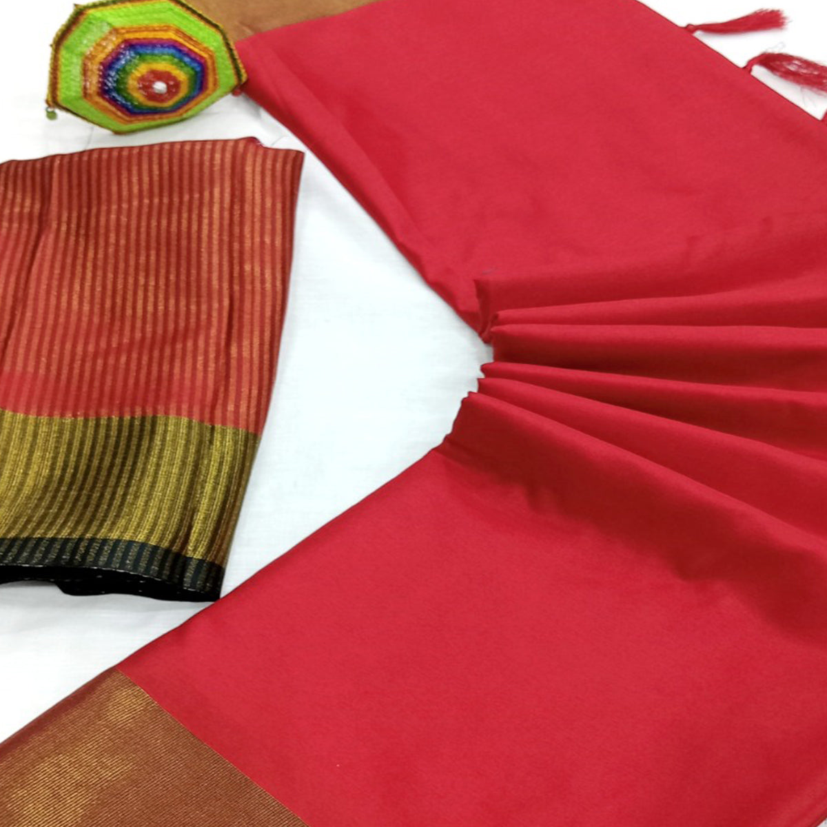 Red Woven Art Silk Saree With Tassels