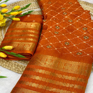 Rich Orange Dola Silk Saree with Blossoming Grid Pattern and Zari Trim