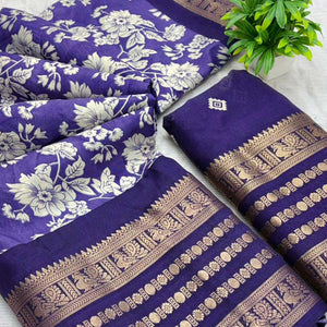 Luxurious Majorelle Blue Floral Print Dola Silk Saree With Intricate Peacock Motif Zari Woven Border