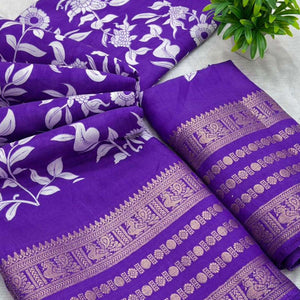 Luxurious Royal Purple Floral Print Dola Silk Saree With Intricate Peacock Motif Zari Woven Border