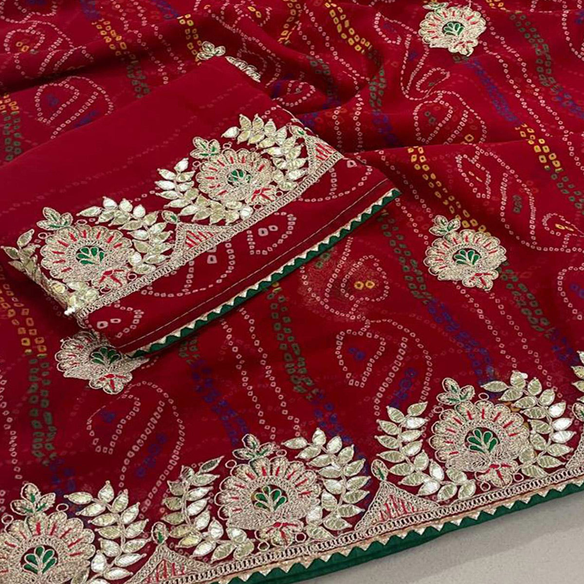 Red Bandhani Printed Georgette Saree