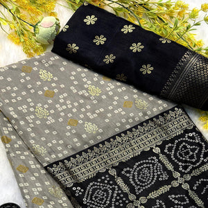 Grey & Black Dola Silk Saree Featuring Traditional Bandhani Print & Woven Border