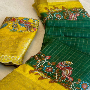 Green Floral Printed Dola Silk Saree With Sequins Border