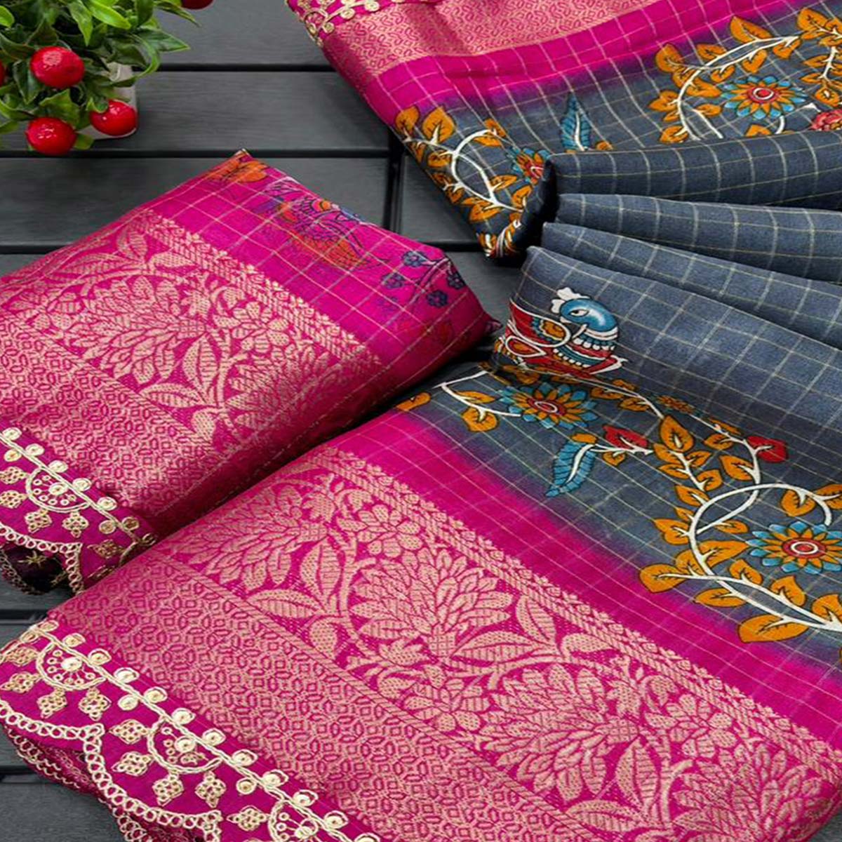 Grey Dola Silk Saree Featuring Soft Printed Detailing and a Rich Sequins Border Highlight