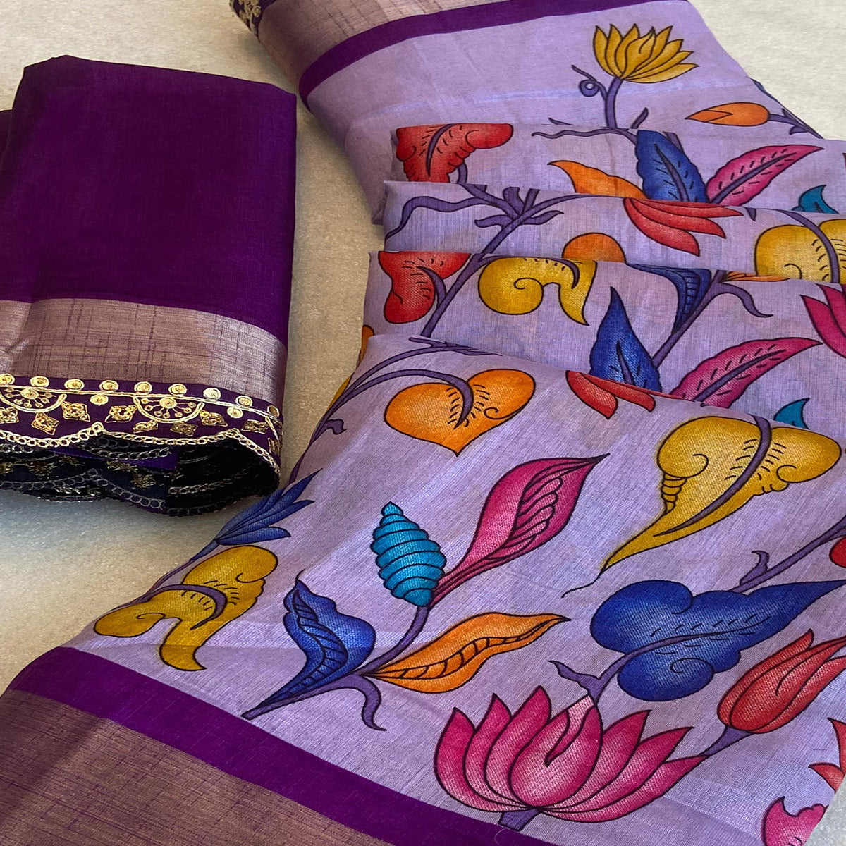 Lavender Floral Printed Dola Silk Saree With Sequins Border
