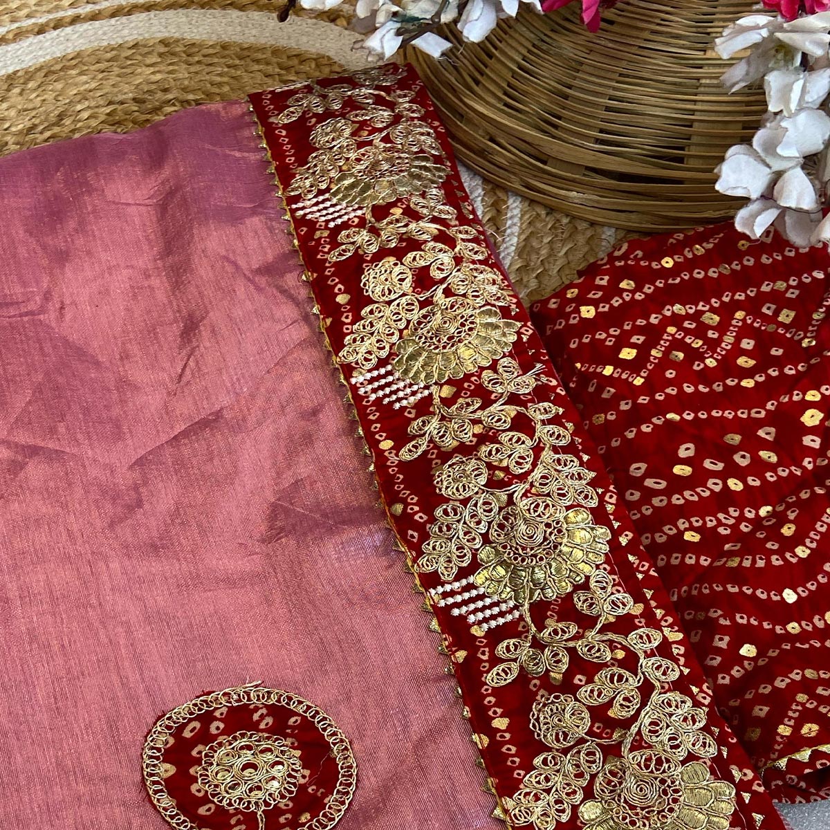 Pink Cording Sequins Embroidery With Bandhani Print Art Silk Saree