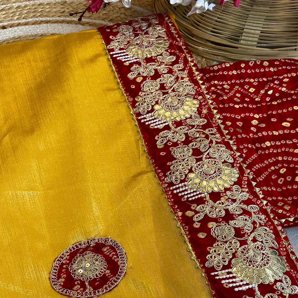Yellow Cording Sequins Embroidery With Bandhani Print Art Silk Saree
