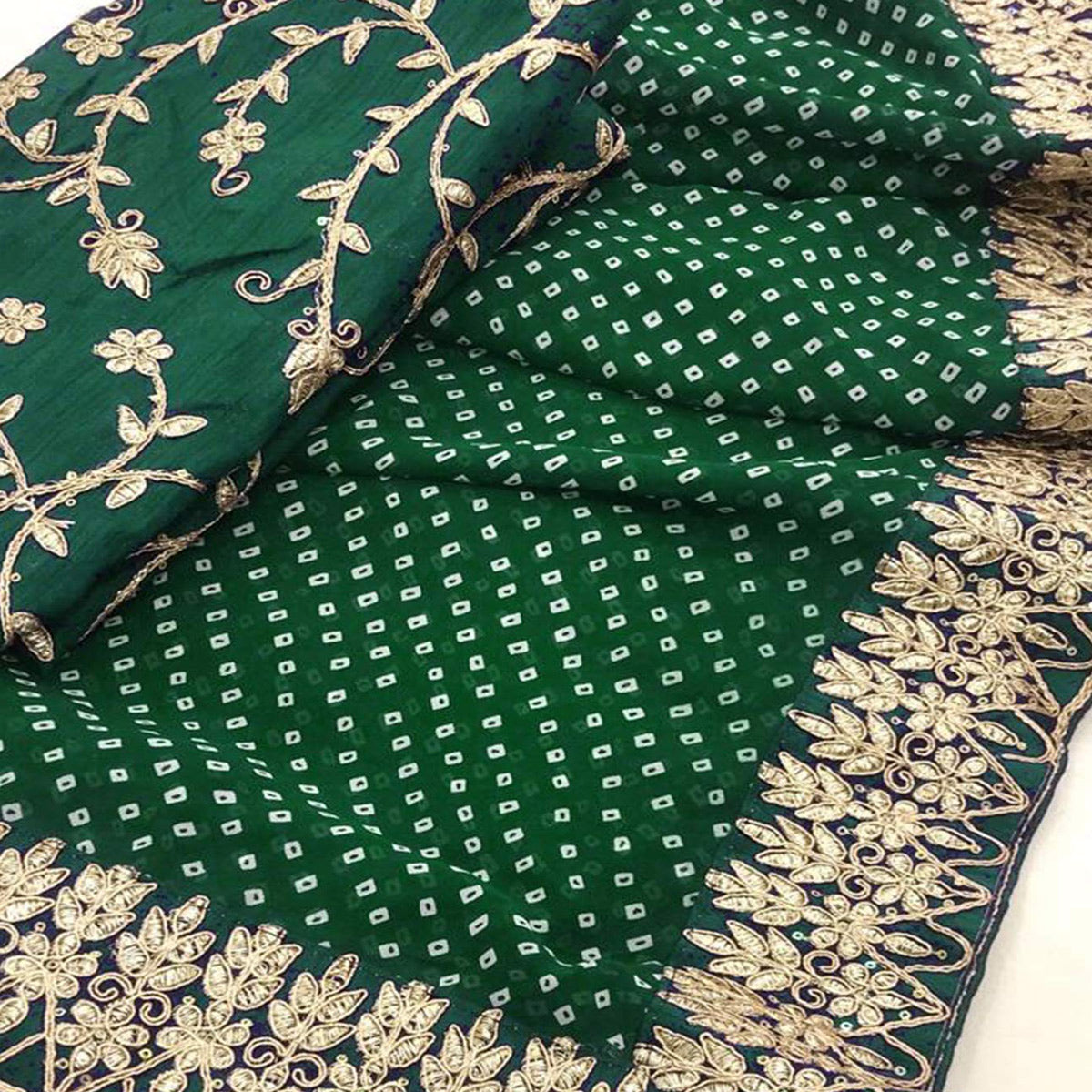 Green Bandhani Printed With Embroidered Border Georgette Saree