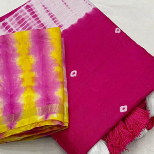 Pink Linen Cotton Saree Adorned with Vibrant Bandhani Prints and Breezy Texture