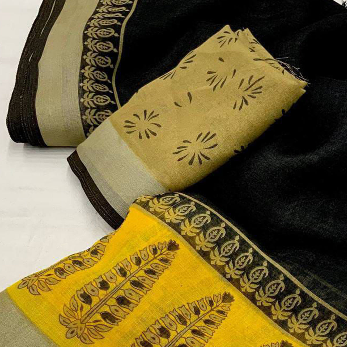 Black & Yellow Floral Printed Linen Cotton Saree