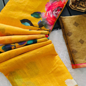 Mustard Linen Cotton Saree Adorned with Vibrant Geometric Prints and Breezy Texture