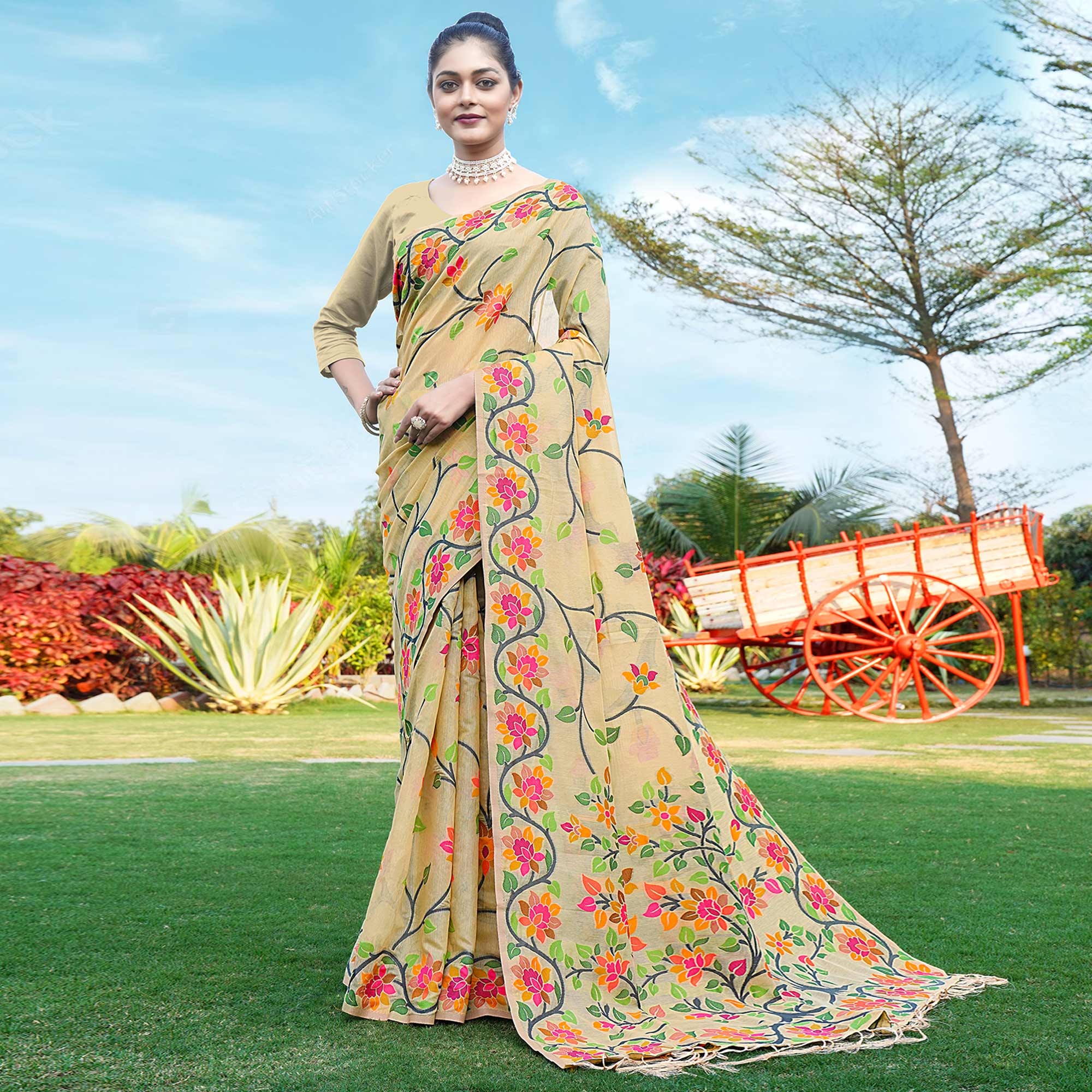 Beige Floral Woven Cotton Silk Saree With Tassels