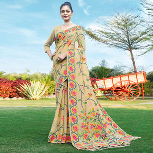 Beige Floral Woven Cotton Silk Saree With Tassels