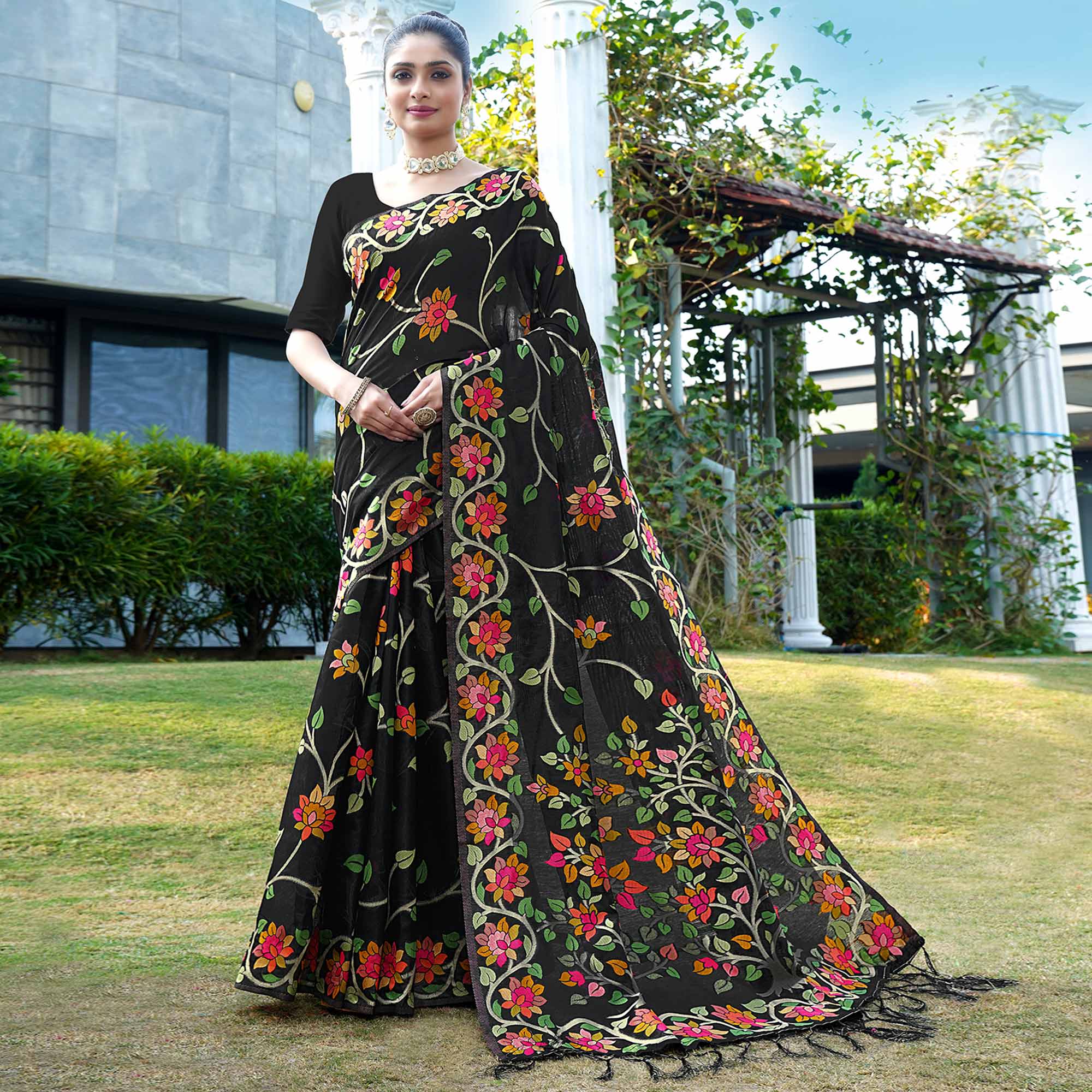 Black Floral Woven Cotton Silk Saree With Tassels