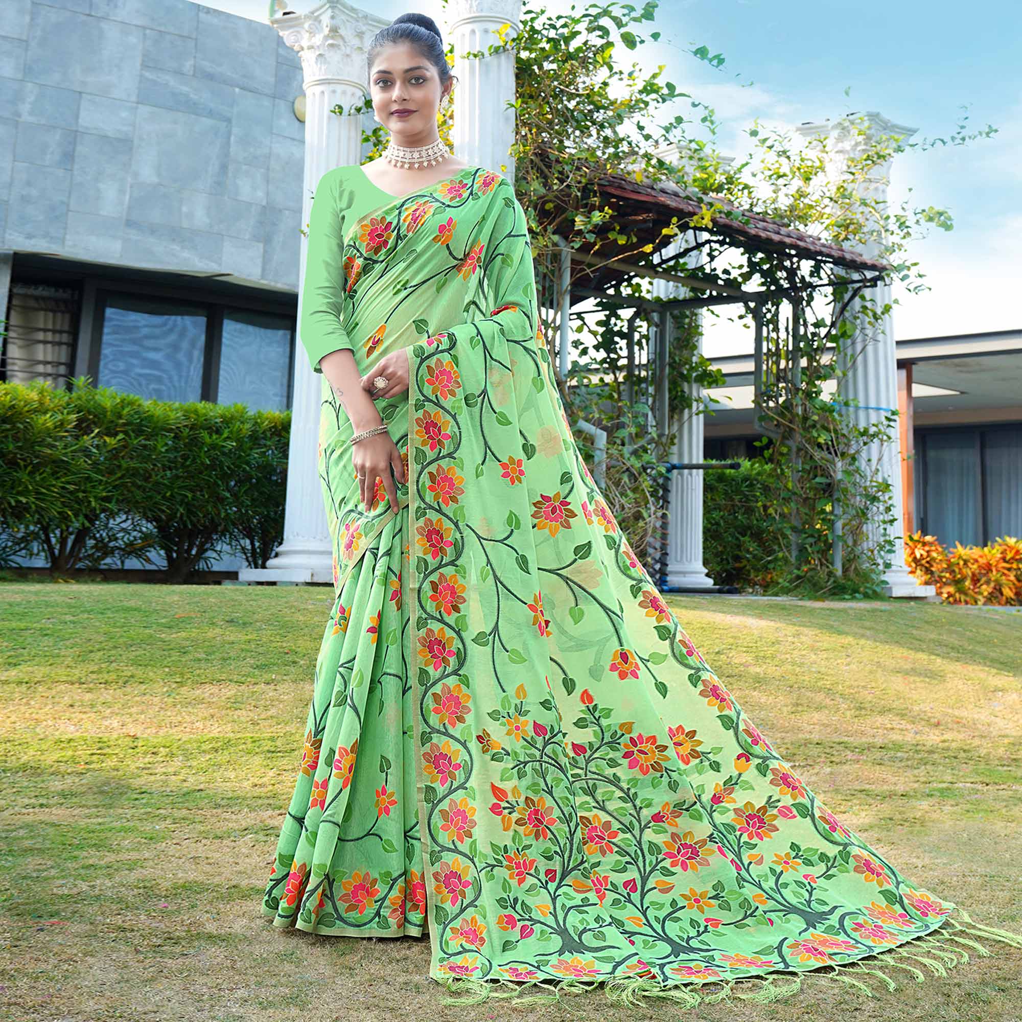 Green Floral Woven Cotton Silk Saree With Tassels