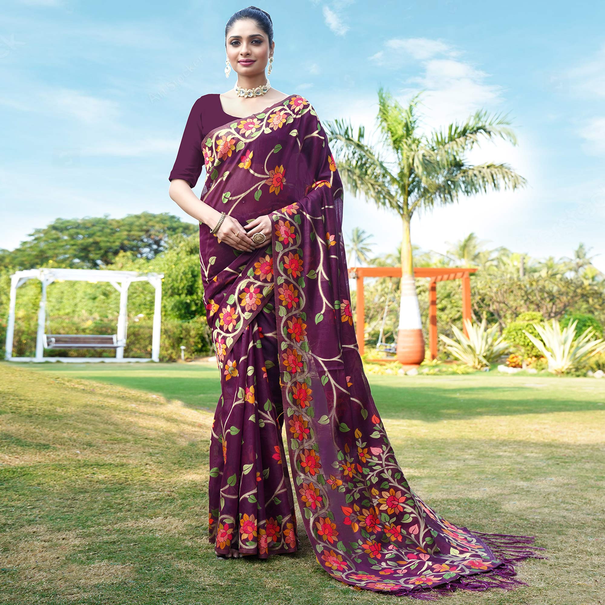 Purple Floral Woven Cotton Silk Saree With Tassels