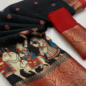 Elegant Black Printed Dola Silk Saree Accented With A Floral Woven Border