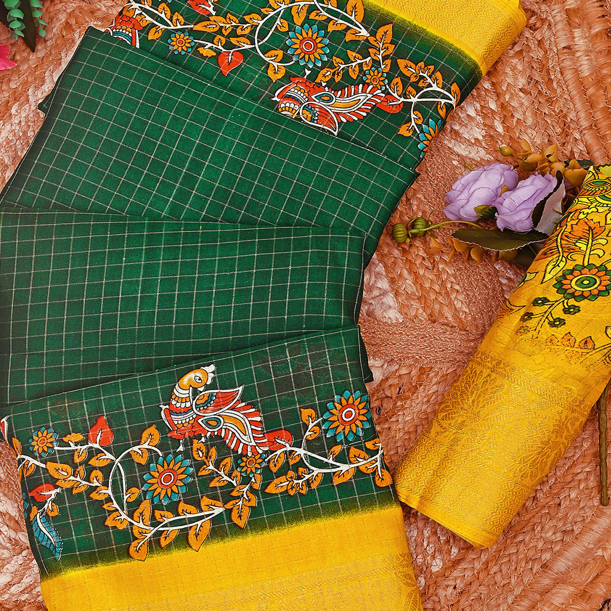 Sophisticated Green Checks & Peacock Design Saree Crafted In Dola Silk With Weaving Jacquard Border