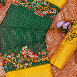 Sophisticated Green Checks & Peacock Design Saree Crafted In Dola Silk With Weaving Jacquard Border