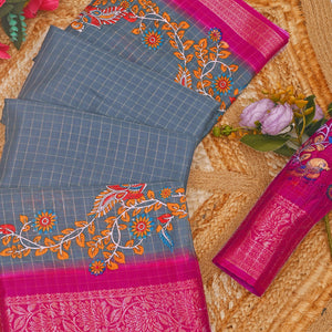 Sophisticated Grey Checks & Peacock Design Saree Crafted In Dola Silk With Weaving Jacquard Border