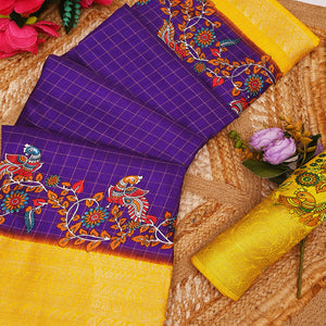 Sophisticated Purple Checks & Peacock Design Saree Crafted In Dola Silk With Weaving Jacquard Border
