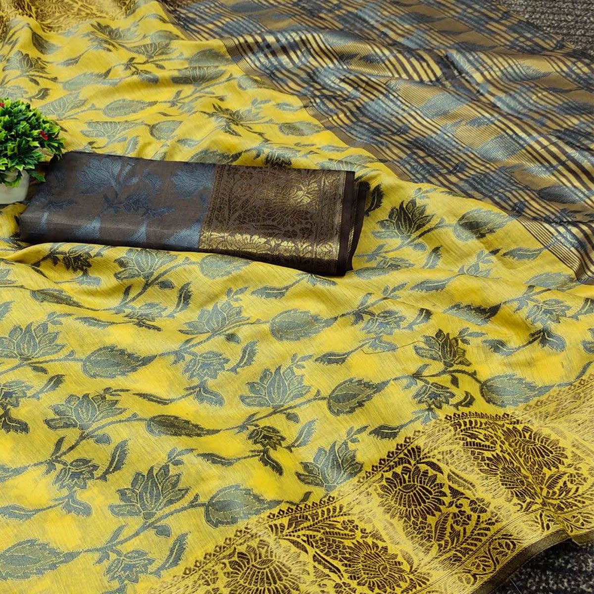 Yellow Floral Woven Cotton Silk Saree With Tassels