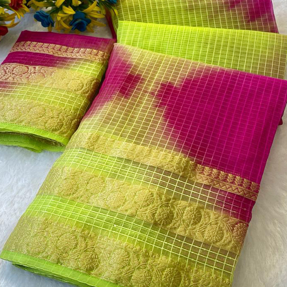 Classic Green & Pink Kerala Inspired Checked Weaving Organza Saree
