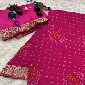 Pink Bandhani Printed Georgette Saree With Embroidered Border