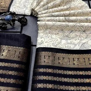Off White & Black Floral Printed Dola Silk Saree With Zari Border