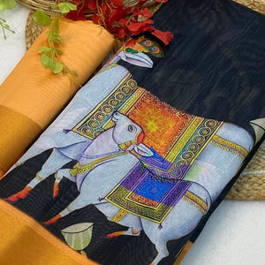 Black Floral Printed Tussar Silk Saree