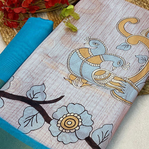 Sky Blue Floral Printed Tussar Silk Saree