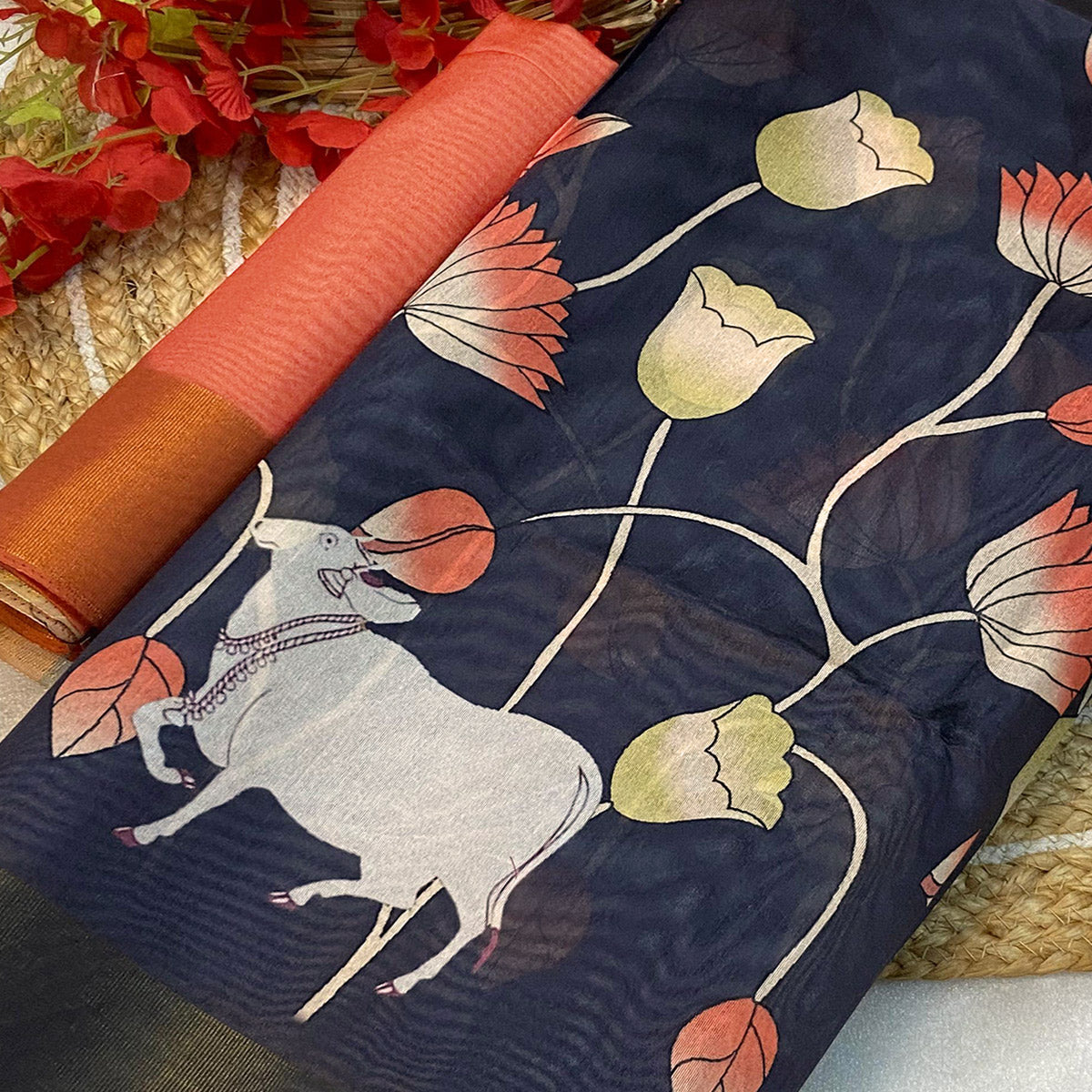 Navy Blue Floral Printed Tussar Silk Saree