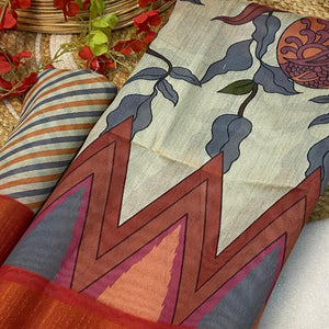 Beige Floral Printed Tussar Silk Saree
