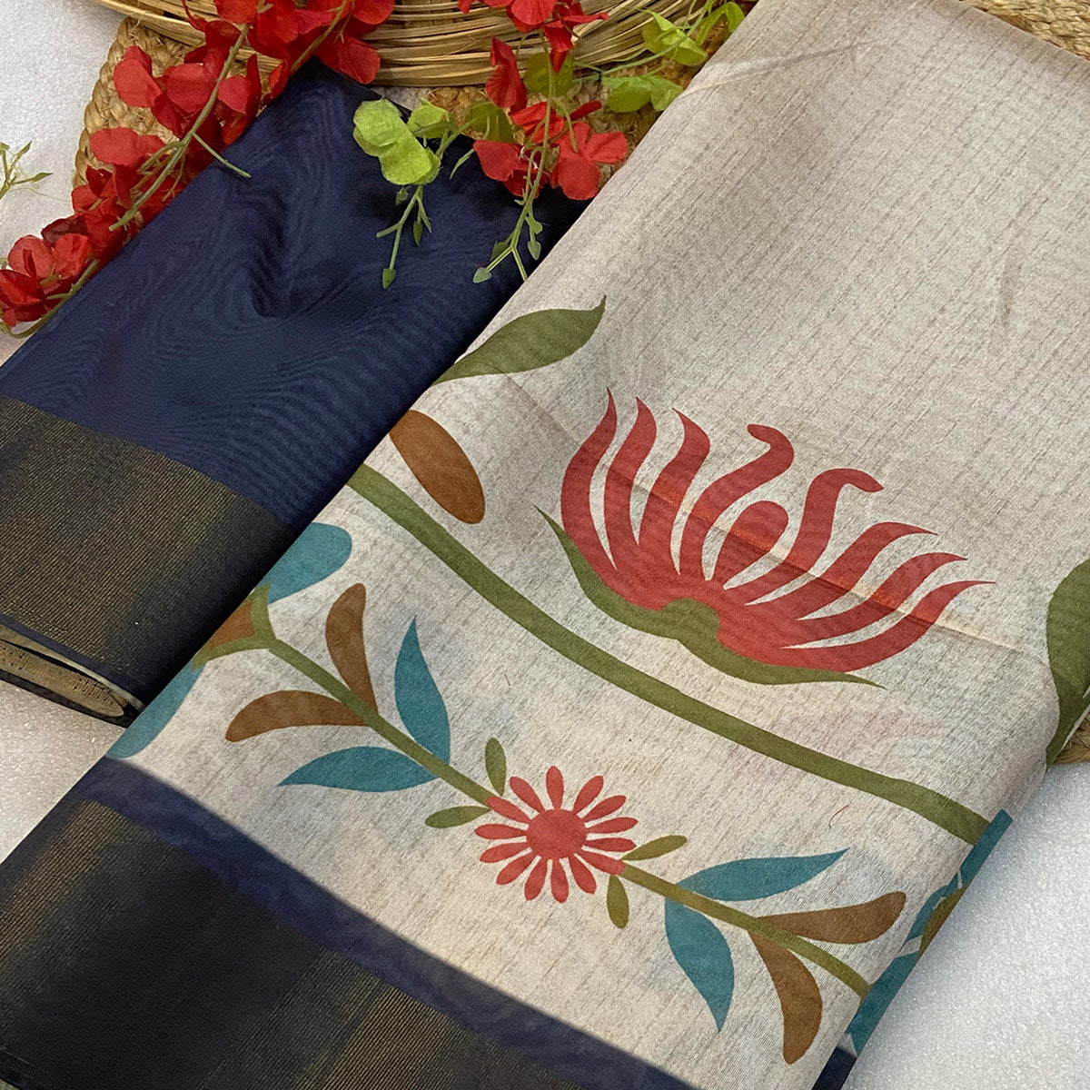 Off White Floral Printed Tussar Silk Saree