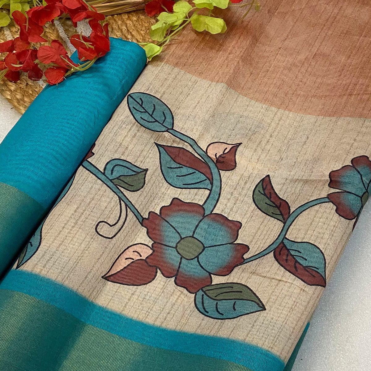 Peach Floral Printed Tussar Silk Saree
