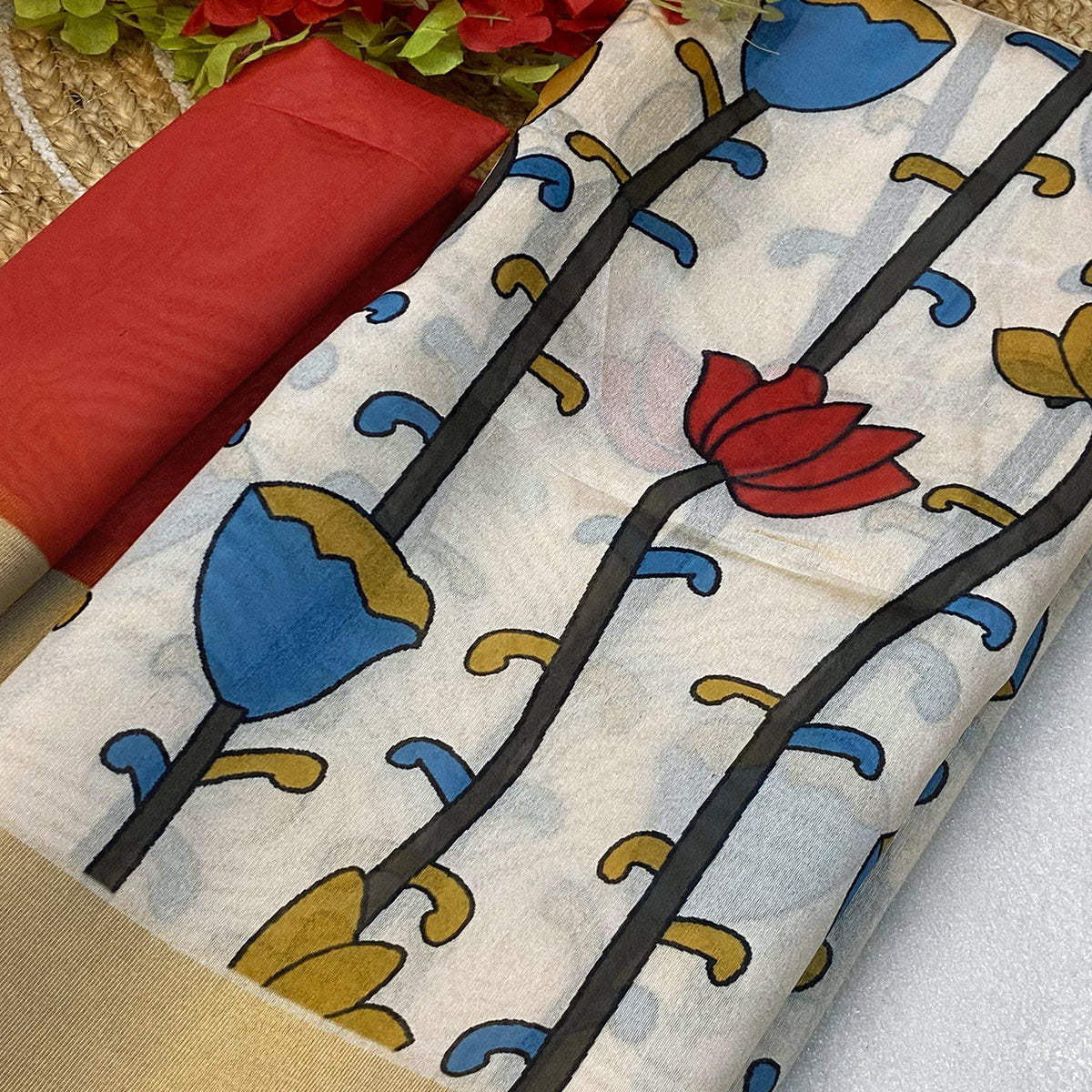White Floral Printed Tussar Silk Saree