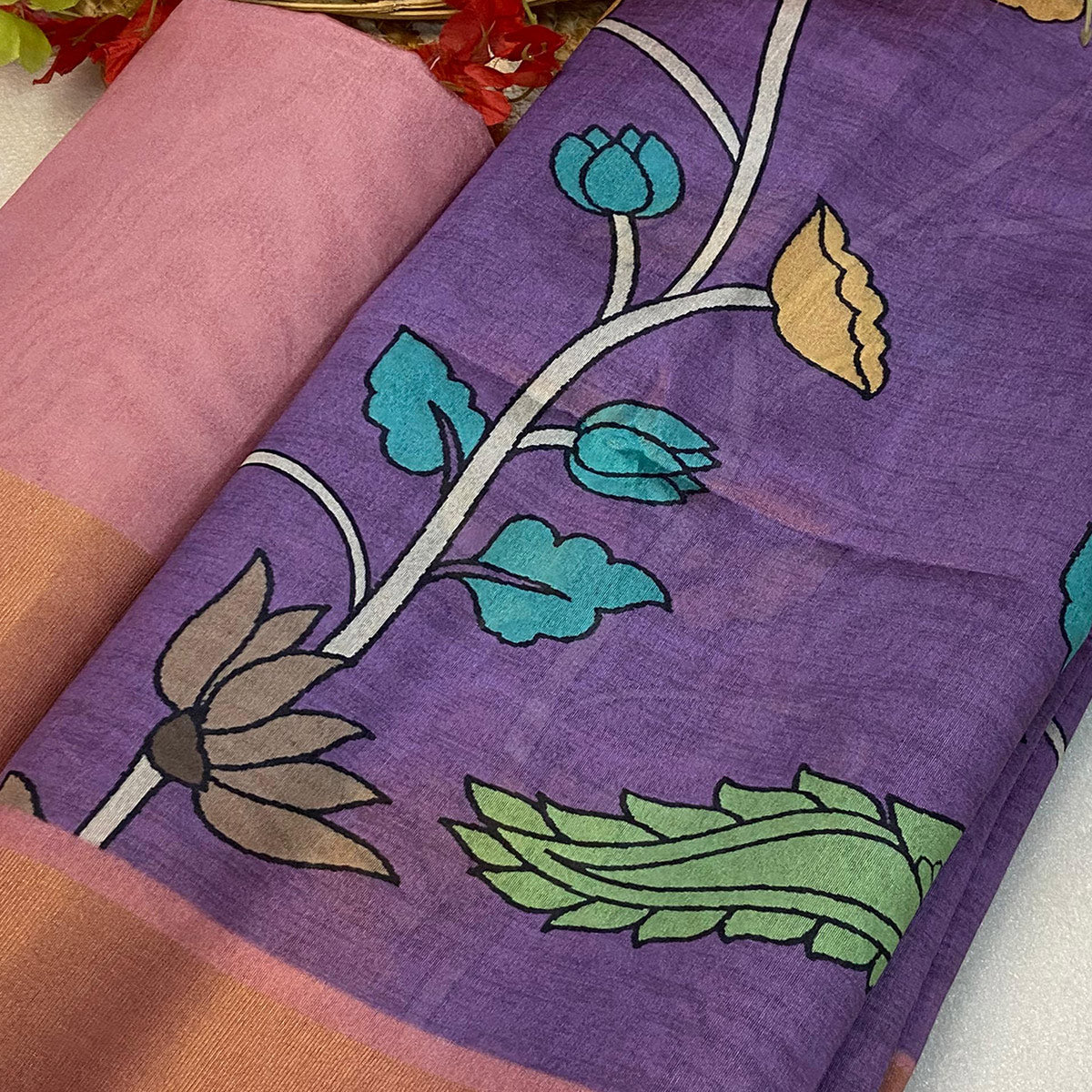 Purple Floral Printed Tussar Silk Saree