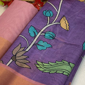 Purple Floral Printed Tussar Silk Saree
