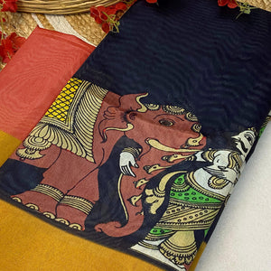 Black Floral Printed Tussar Silk Saree