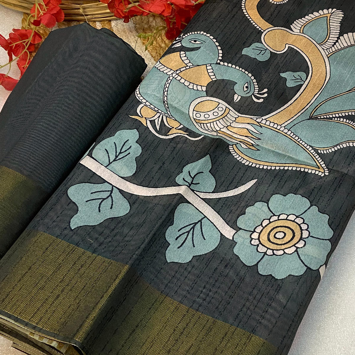 Dark Grey Floral Printed Tussar Silk Saree