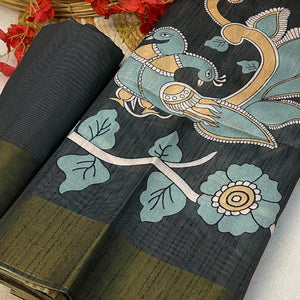 Dark Grey Floral Printed Tussar Silk Saree