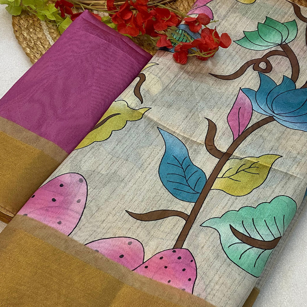 Off White Floral Printed Tussar Silk Saree