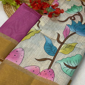 Off White Floral Printed Tussar Silk Saree