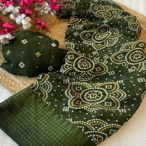 Mehendi Green Bandhani Printed Georgette Saree With Viscose Border